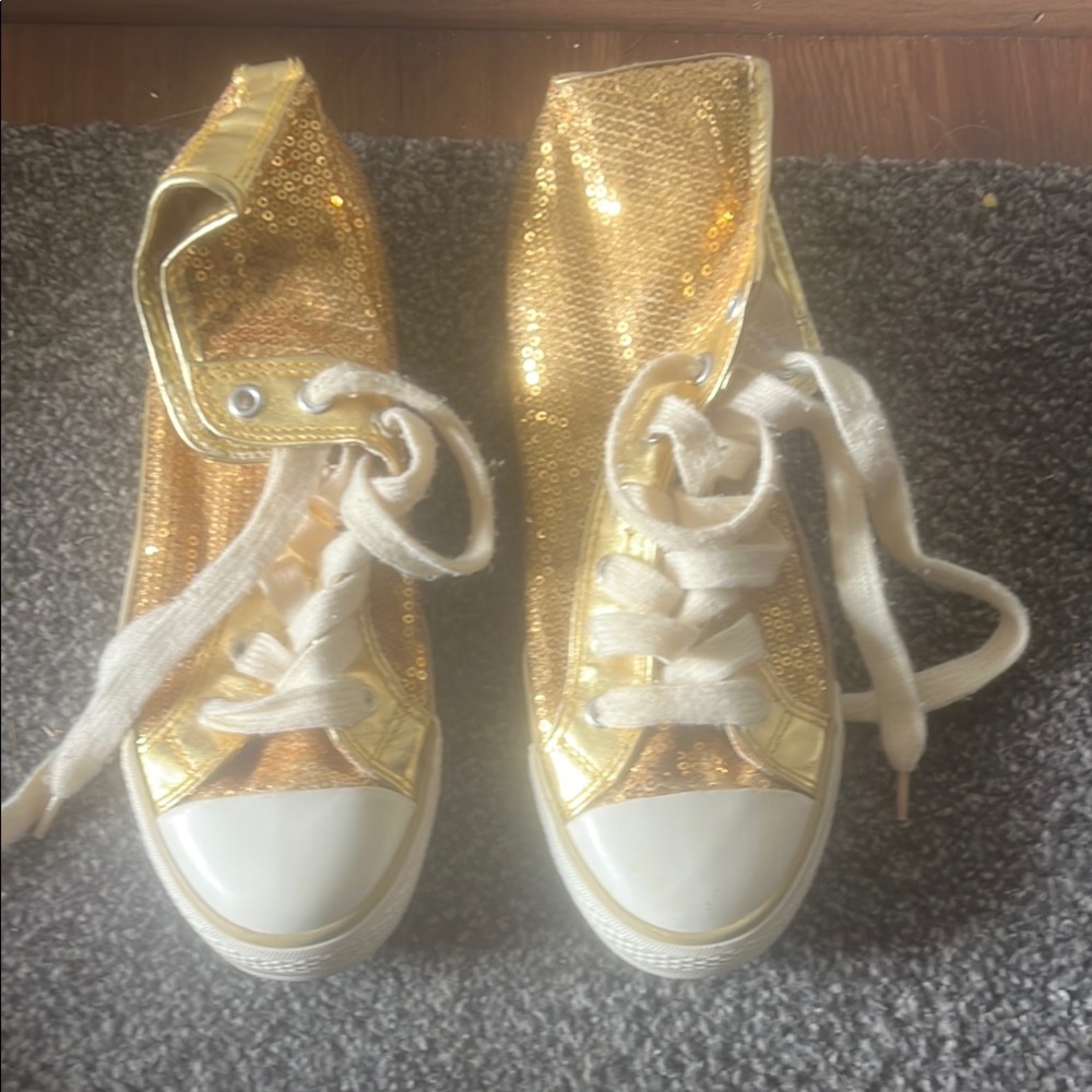 Gold and White High-Top Sneakers with Sparkly Upper